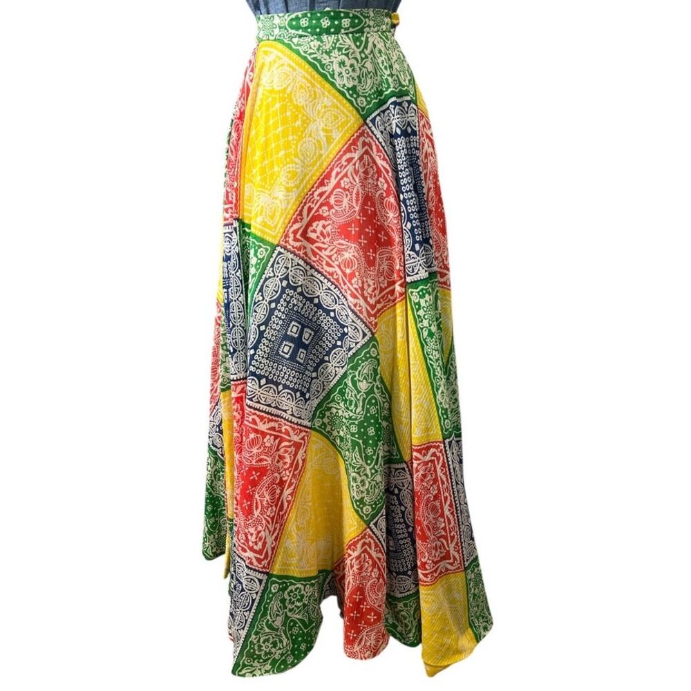 Retro 70s Malbe Maxi Skirt Vtg Sz 7 Bandana Print Red Green Primary Boho Hippy